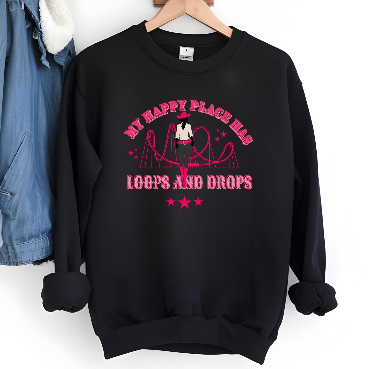 Freizeitpark Sweater, Achterbahn-Fan, Geschenkidee Freizeitpark-Fan, Pullover Achterbahn Spruch, cowgirl shirt, western style, pink print